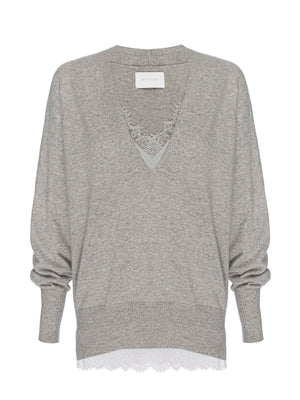 Light grey lace layered v-neck sweater flat view