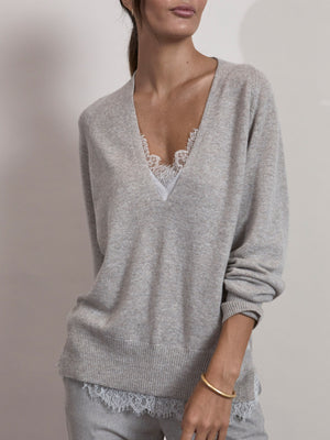 Light grey lace layered v-neck sweater front view