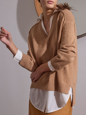 looker tan layered v-neck sweater front view