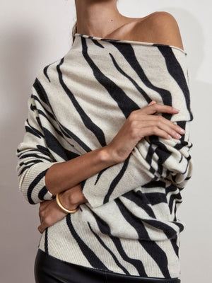 Lori cashmere off shoulder zebra print sweater front view