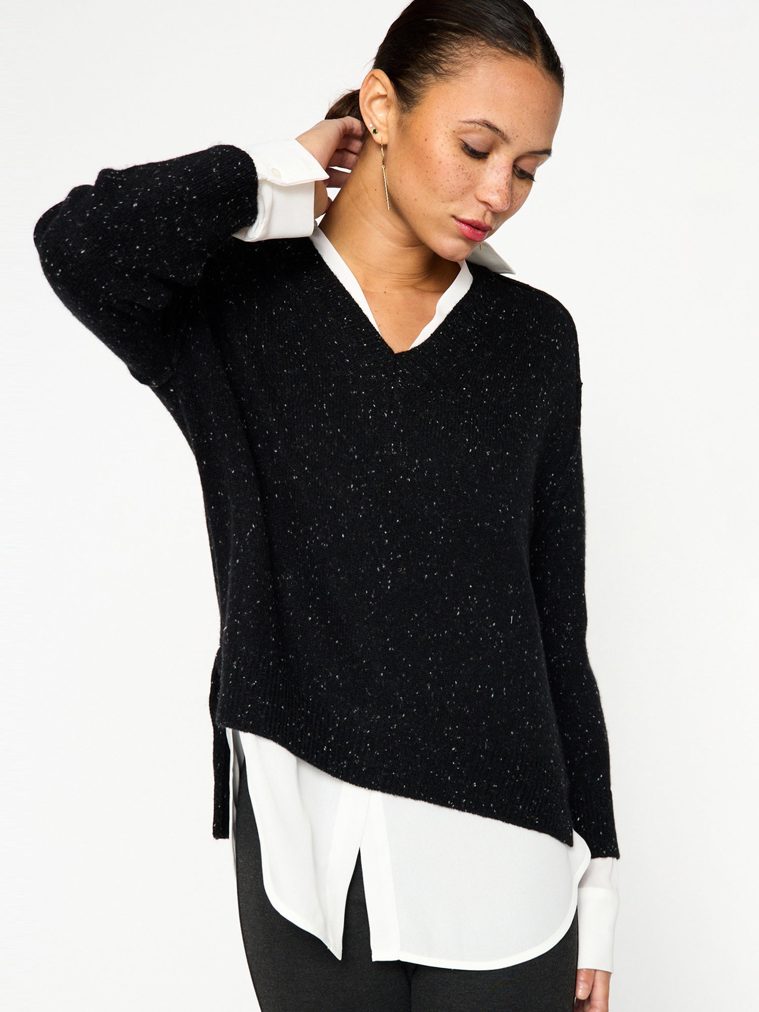 Looker Layered V-Neck Sweater In Black Multi With White Underlayer