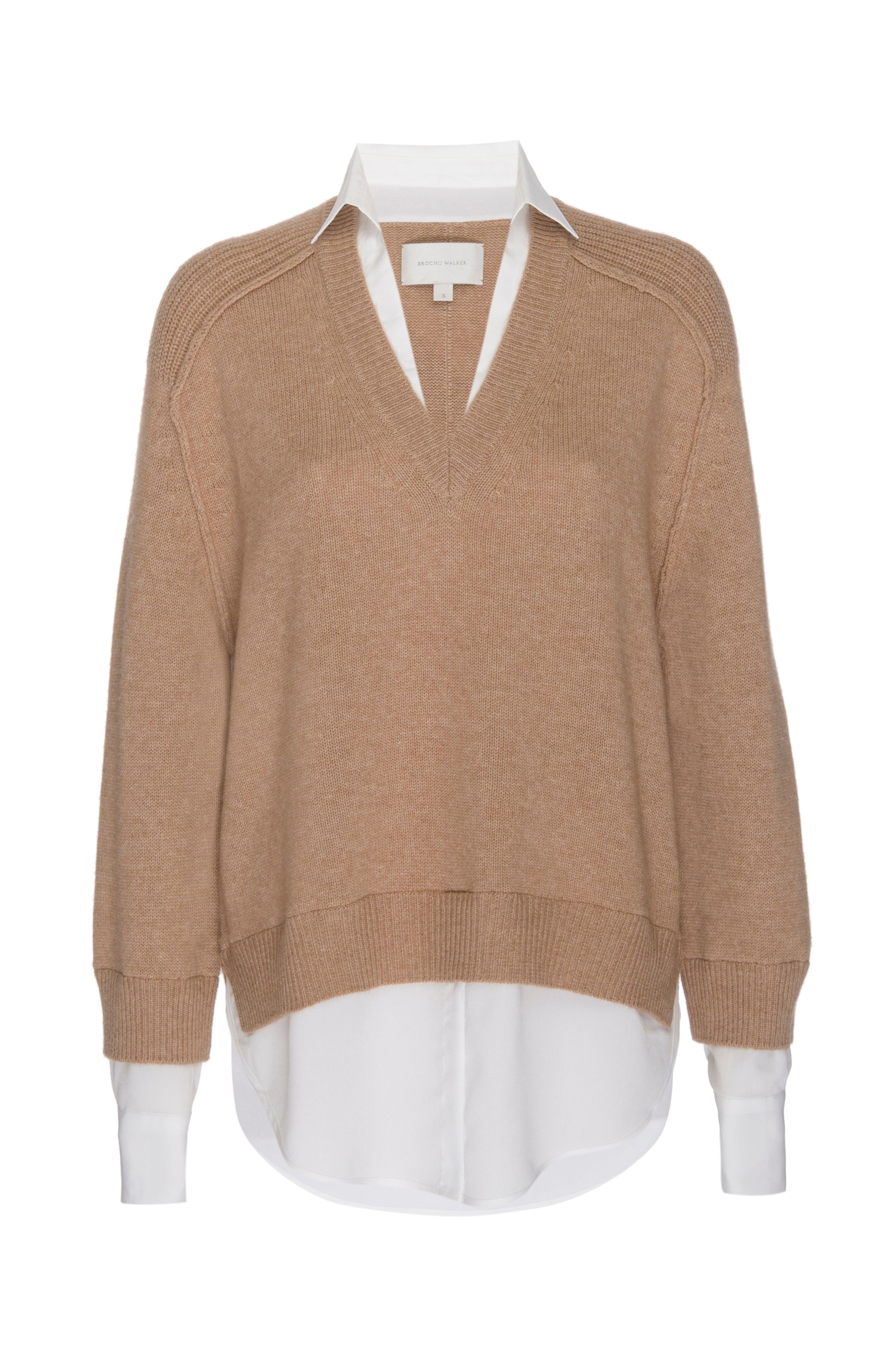 Women's V-neck Layered Pullover Sweater in Camel with White