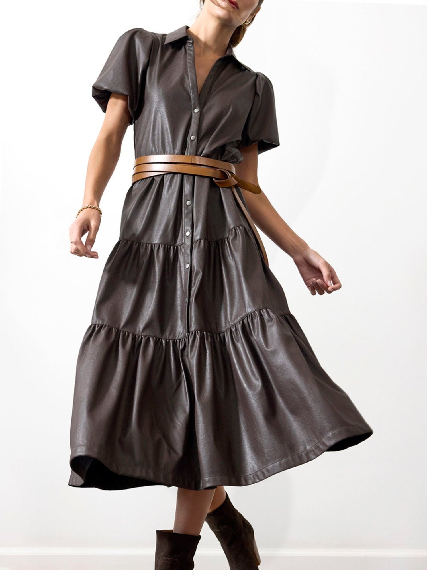 Havana tiered vegan leather midi dress brown front view