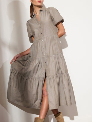 Havana tiered midi dress tan grey taupe front view