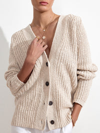 Jen linen cotton beige cardigan sweater front view 2