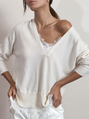 White lace layered v-neck sweater front view