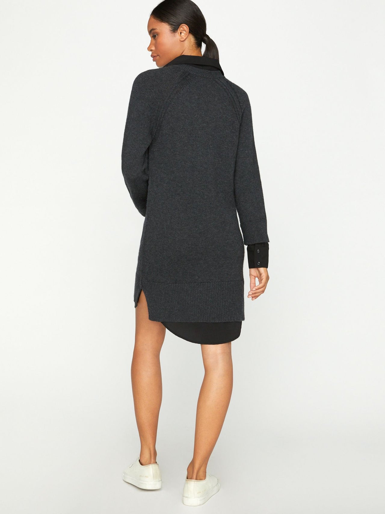 Women's Layered V-Neck Sweater Dress in Charcoal with Black Underlayer