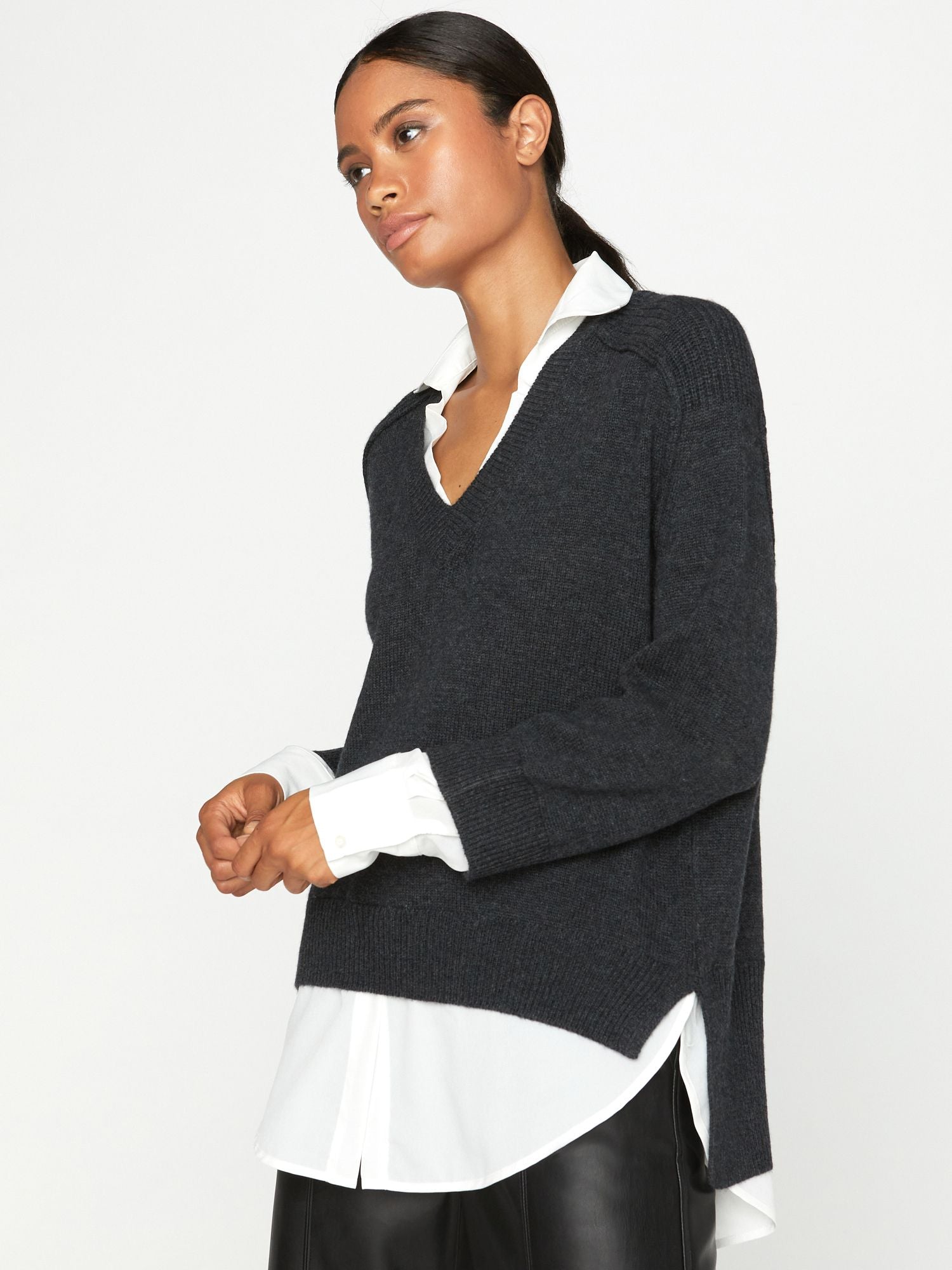 Brochu Walker Women's Lace V-neck Layered Sweater in Black
