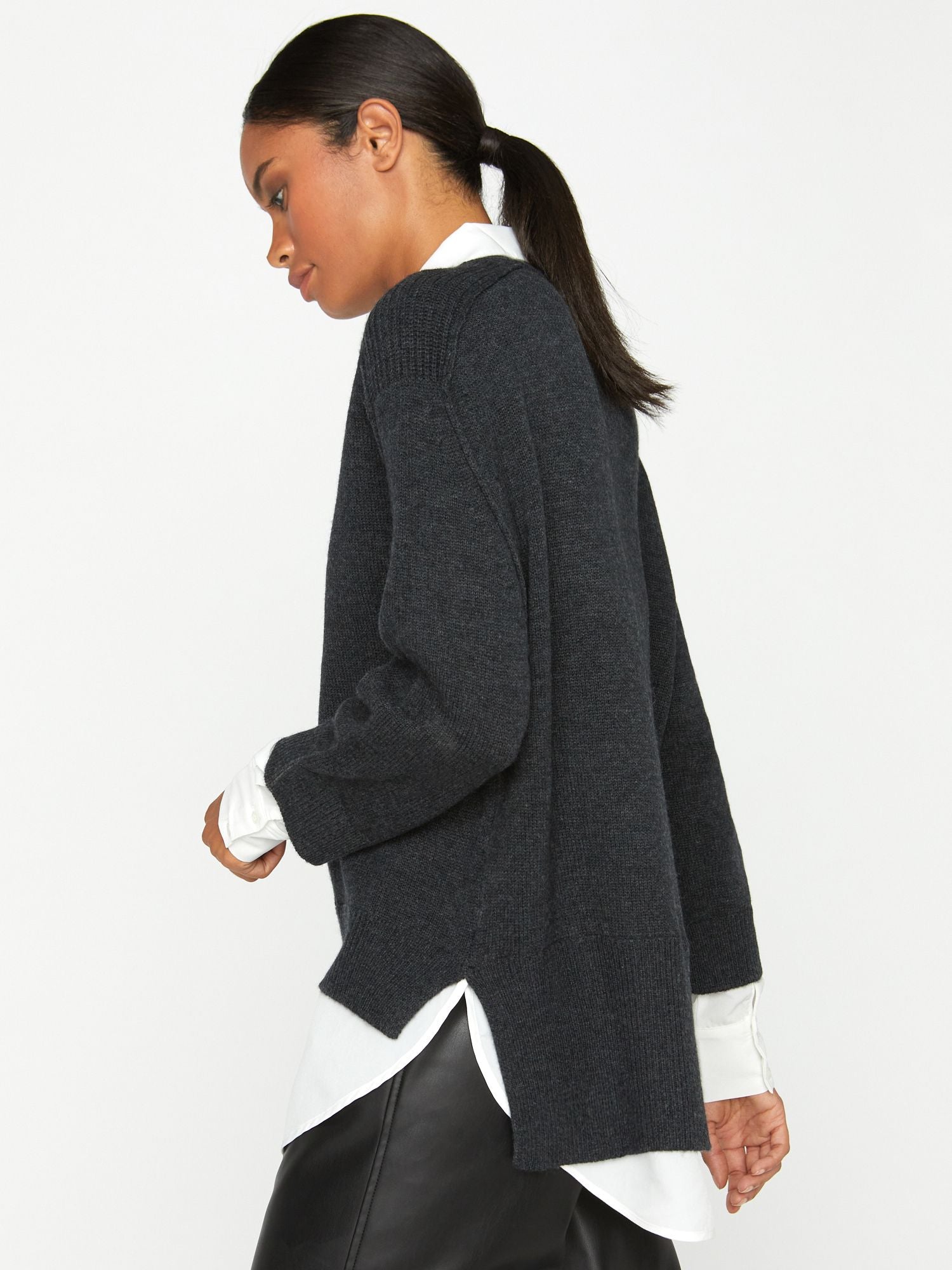 Brochu Walker | Women's V-neck Layered Pullover Sweater in Dark Charcoal
