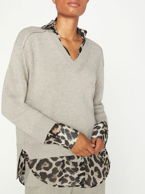 Looker light grey with animal leopard print layered v-neck sweater front view 2