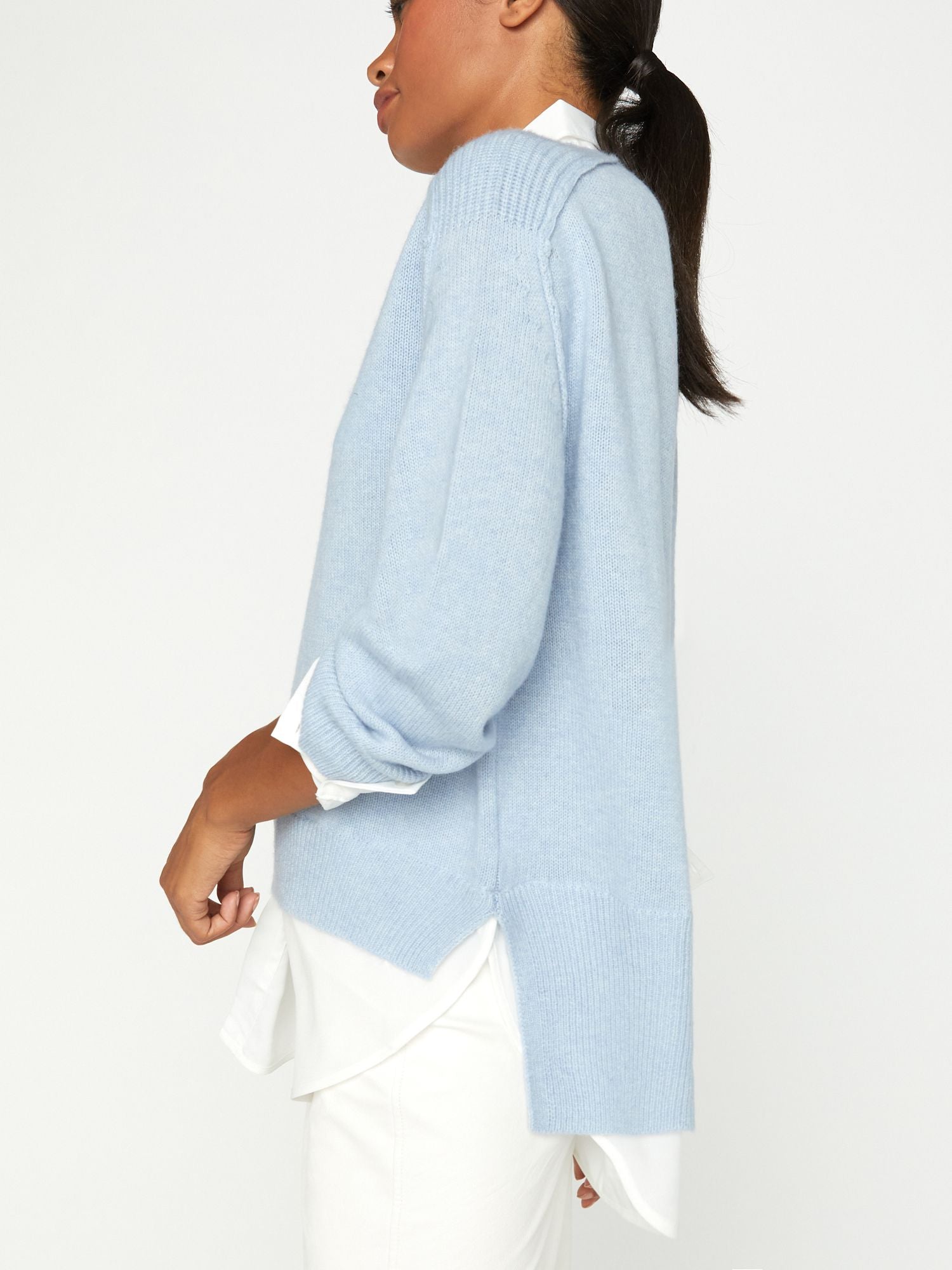 The Looker Layered V Neck in Skye Blue Melange with White Underlayer L Brochu Walker