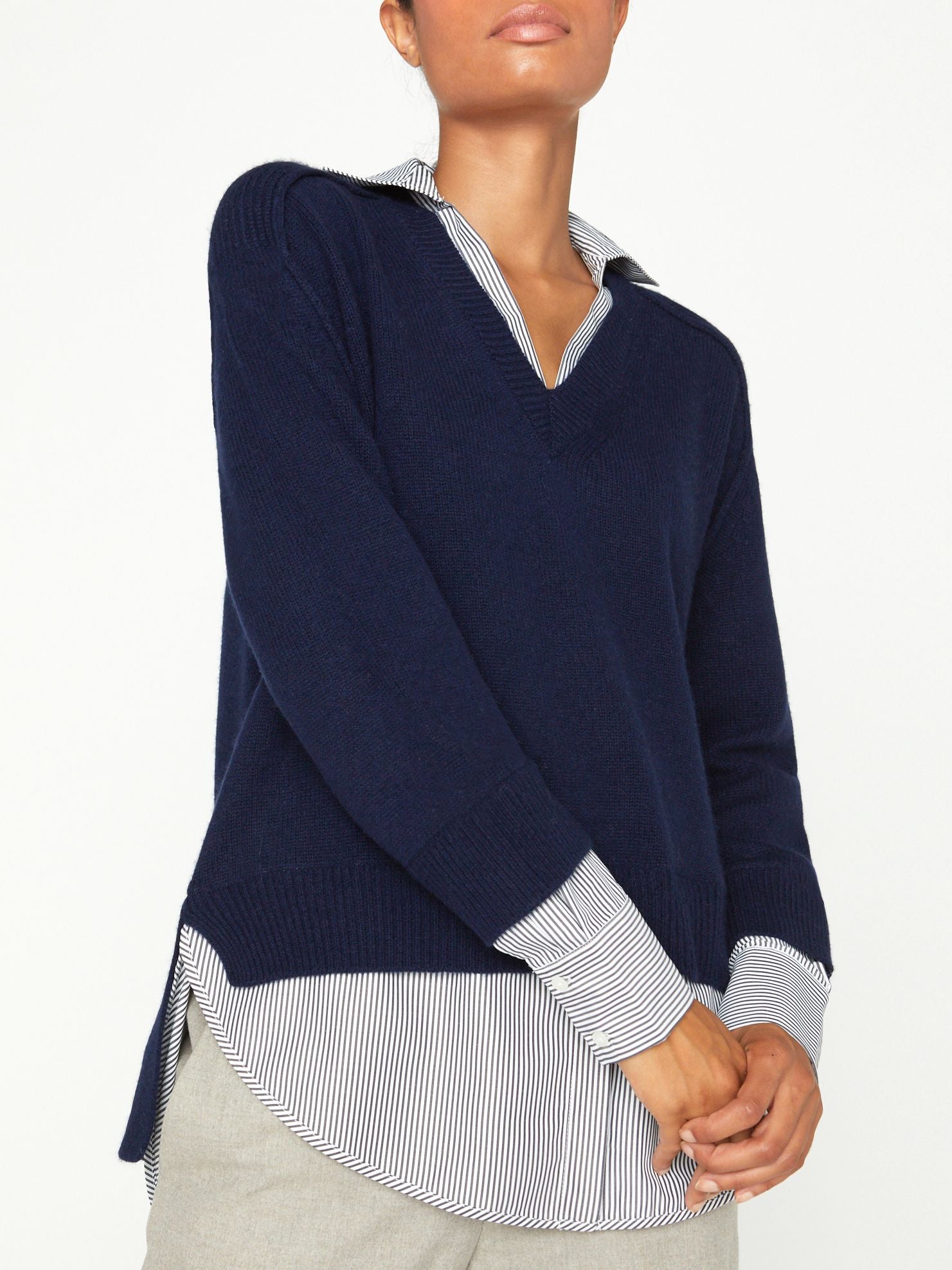 Women s Layered V neck Pullover Sweater in Navy with Stripe Woven