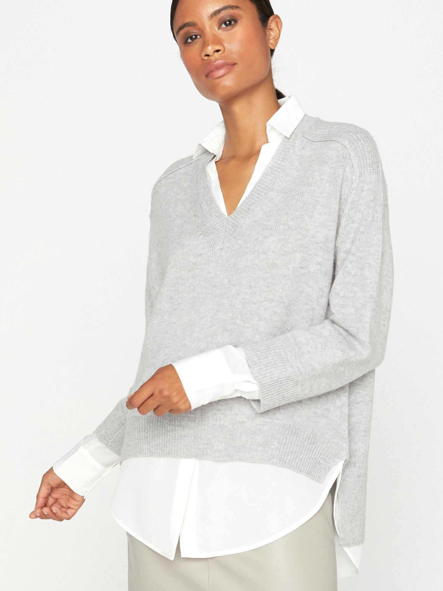 Women s V neck Layered Pullover Sweater in Vail Grey with White